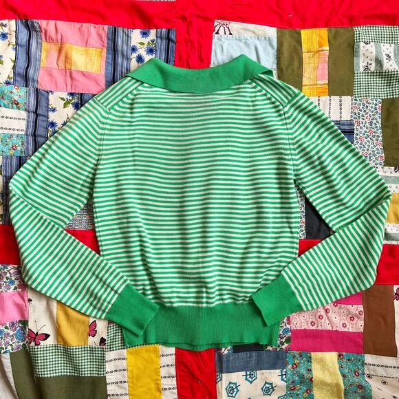 Vintage 70s Green White Striped Knit Sweater Pull Over // Size Small - Picture 2 of 5